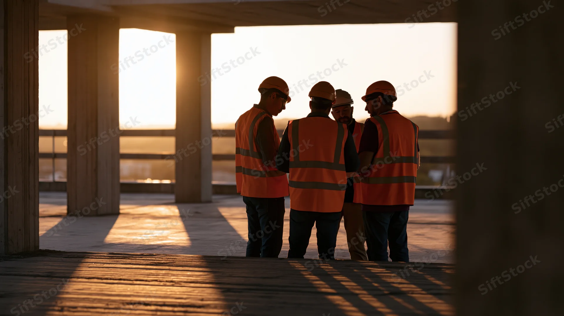 Four construction workers in orange vests and hard hats discussing on a building site at sunset