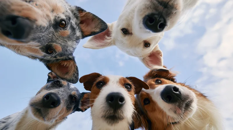 Five dogs looking down from above against a blue sky