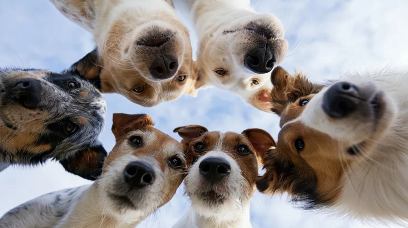 Six dogs of different breeds looking down in a circle from above against a snowy sky