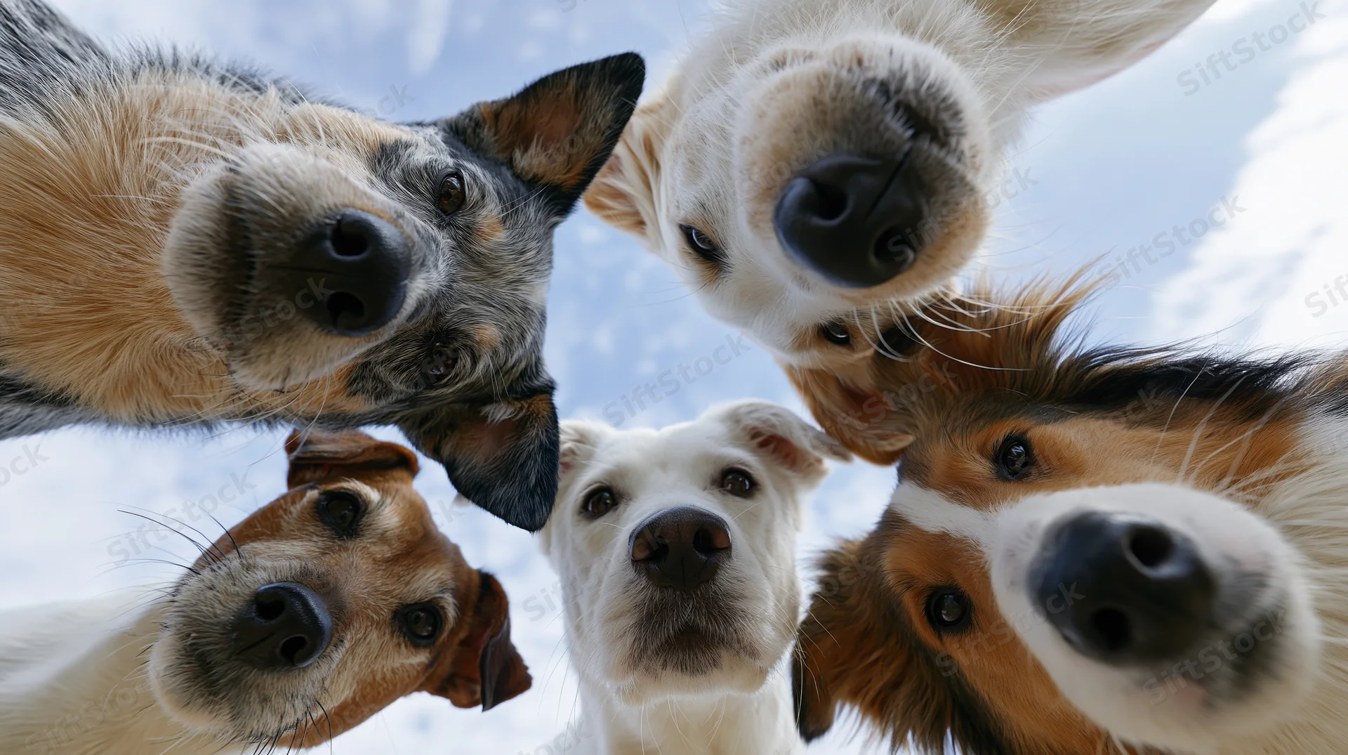 Five dogs looking down in a circle from a low angle against a blue sky