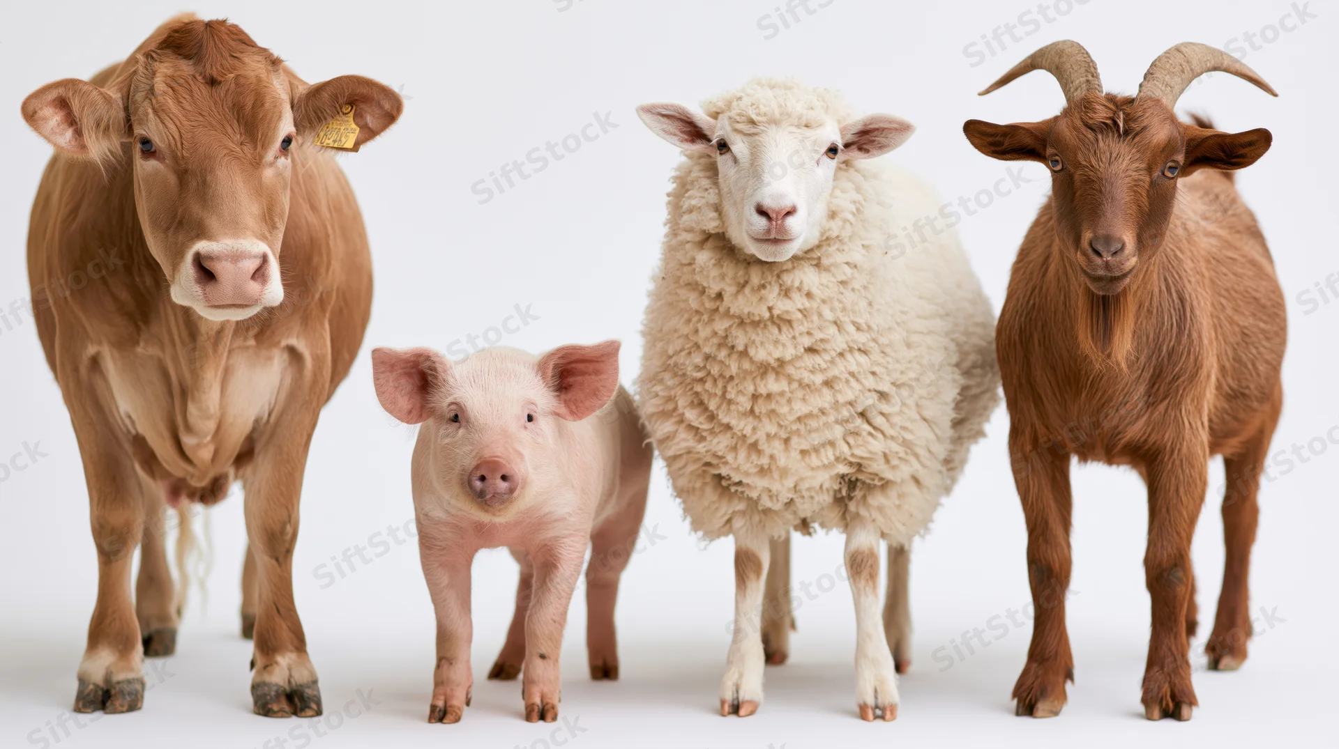 Four farm animals standing side by side facing the camera in a studio setting