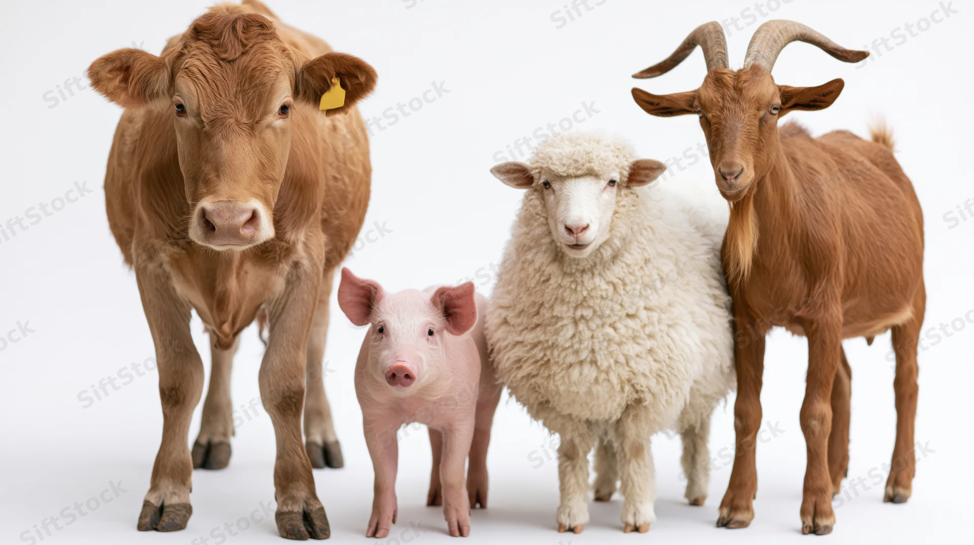 Cow, pig, sheep, and goat standing side by side facing camera in studio setting
