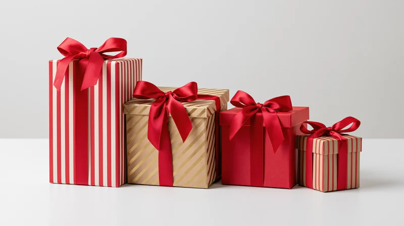 Four gift boxes with red ribbons arranged in a row on a white surface