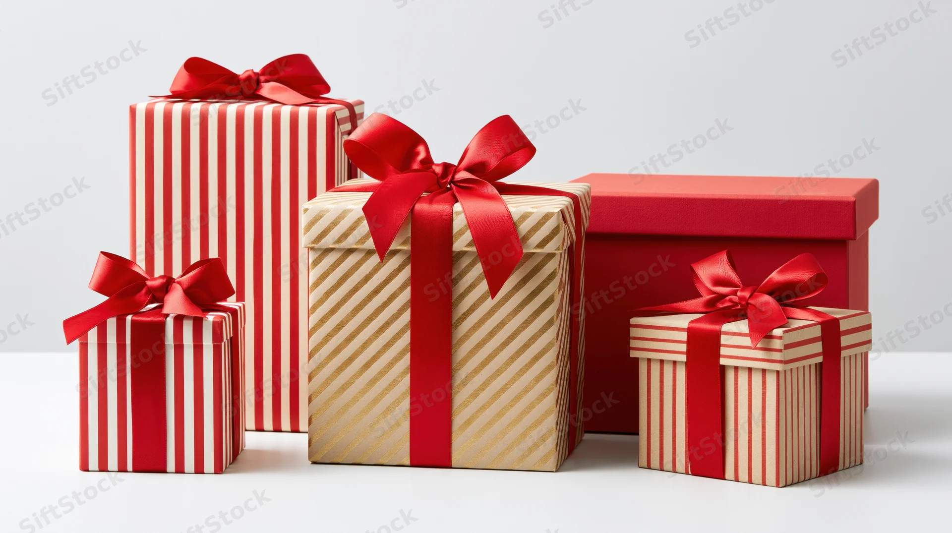 Four gift boxes with red ribbons and striped wrapping arranged on a white surface