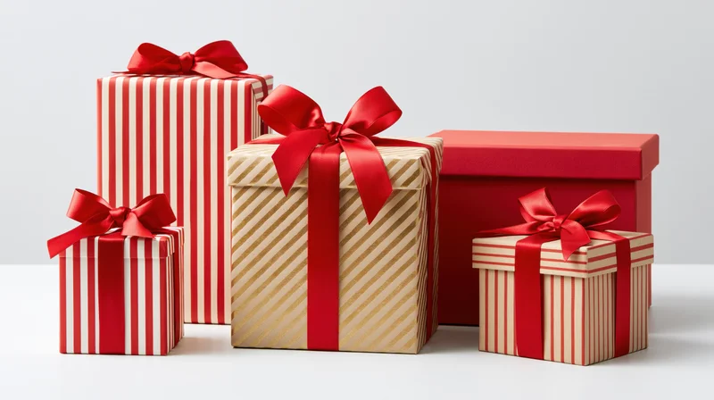 Four gift boxes with red ribbons and striped wrapping arranged on a white surface
