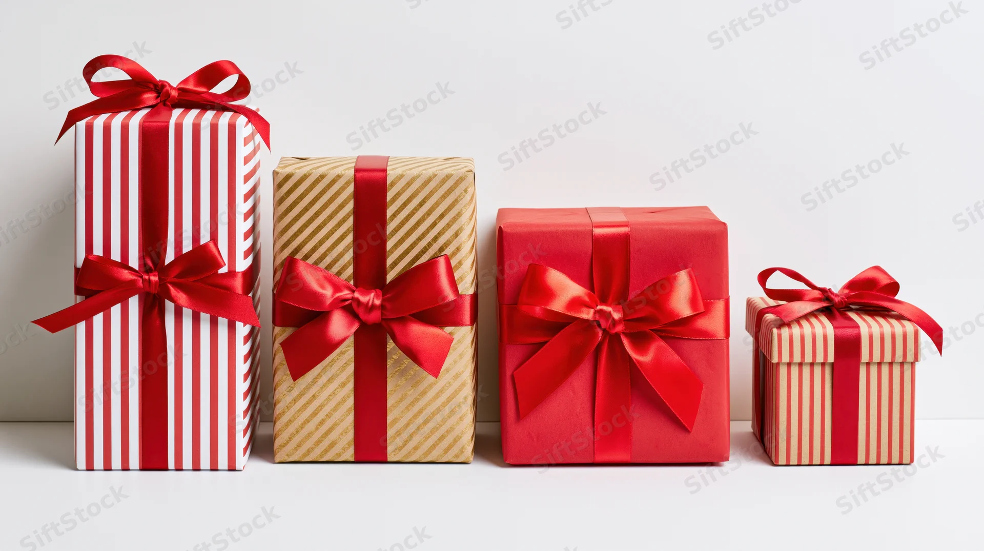 Four gift boxes wrapped in red and white paper with ribbons arranged in a row on a white surface