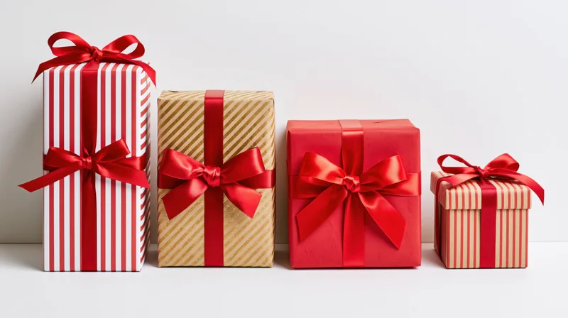 Four gift boxes wrapped in red and white paper with ribbons arranged in a row on a white surface