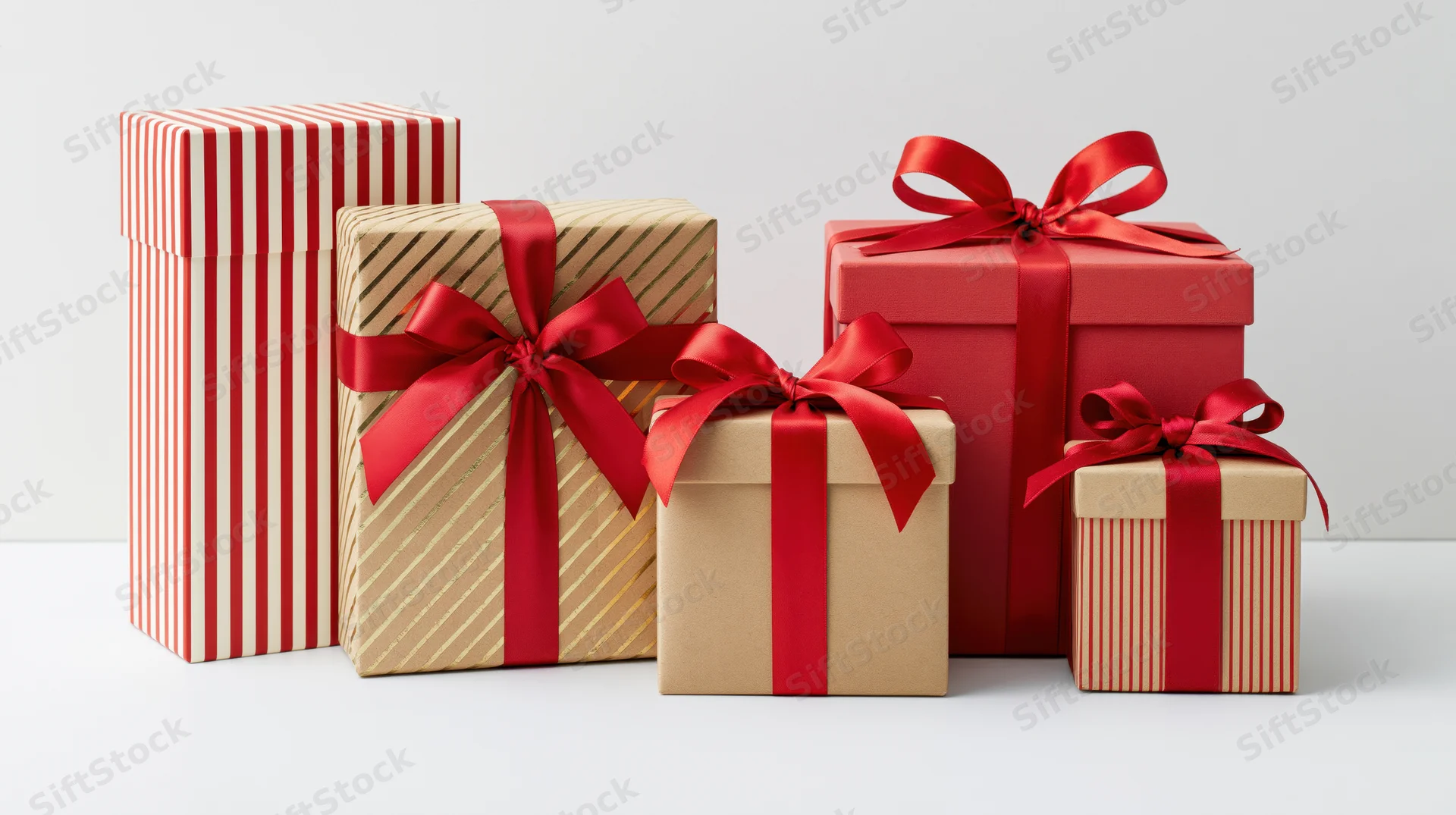 Four gift boxes with red ribbons arranged in a row on a white surface