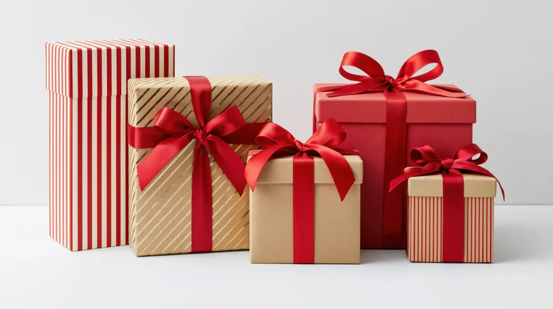 Four gift boxes with red ribbons arranged in a row on a white surface
