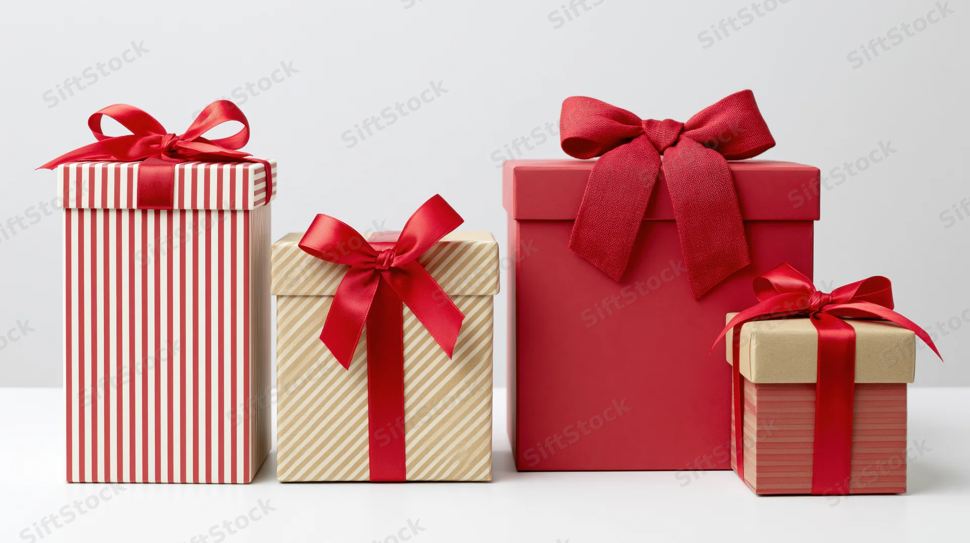 Four gift boxes with red ribbons arranged in a row on a white surface