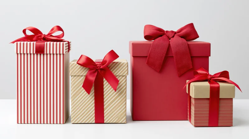 Four gift boxes with red ribbons arranged in a row on a white surface
