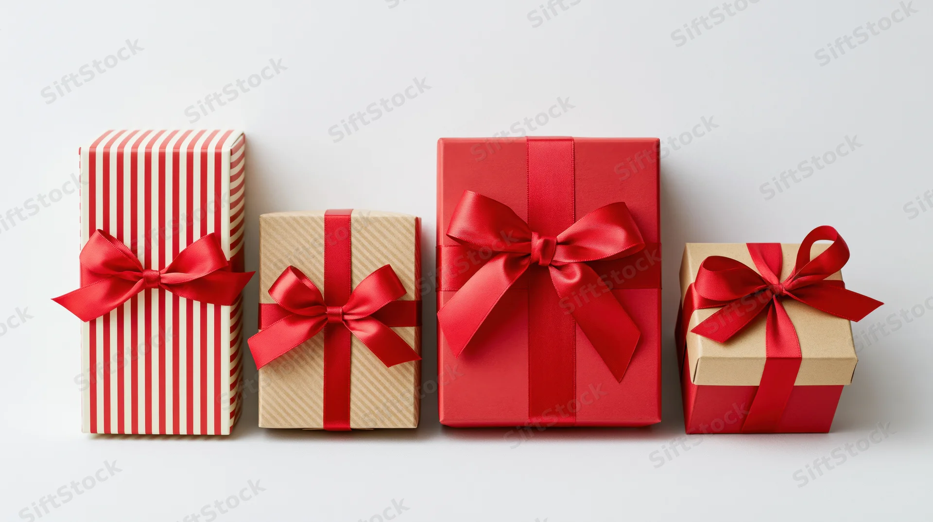 Four gift boxes wrapped in red and kraft paper with red ribbons arranged in a row on a white surface