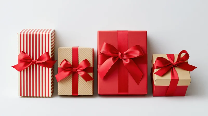 Four gift boxes wrapped in red and kraft paper with red ribbons arranged in a row on a white surface