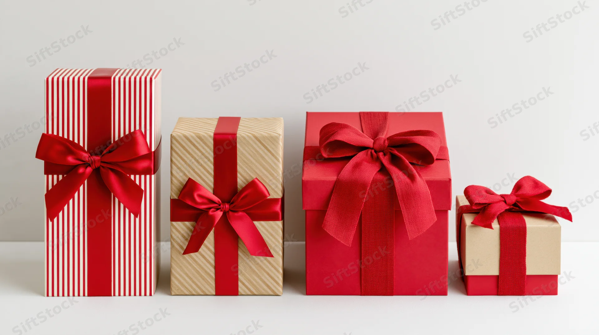 Four gift boxes wrapped in red ribbon and patterned paper arranged in a row on a white surface