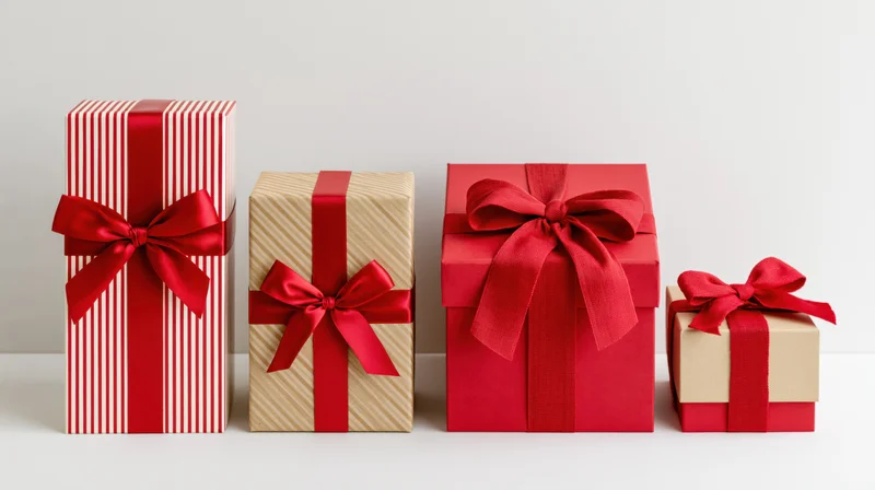 Four gift boxes wrapped in red ribbon and patterned paper arranged in a row on a white surface