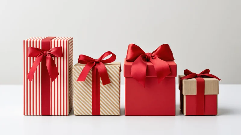 Four gift boxes with red ribbons arranged in a row on a white surface