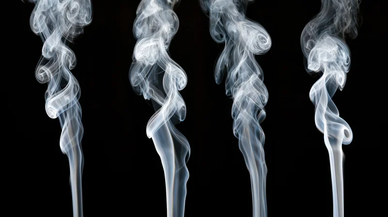 Four vertical wisps of white smoke rising against a black background