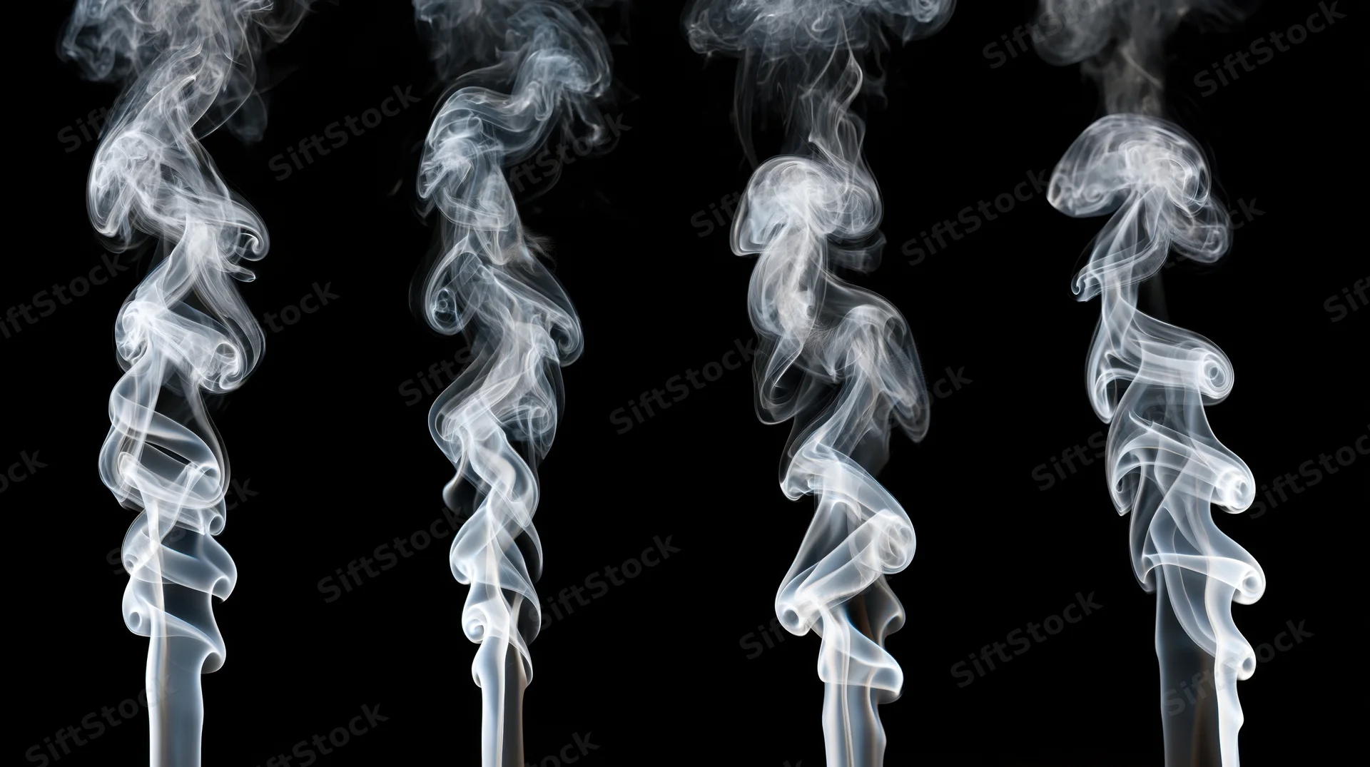 Four vertical wisps of white smoke rising against a black background