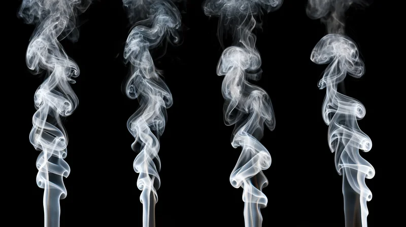 Four vertical wisps of white smoke rising against a black background