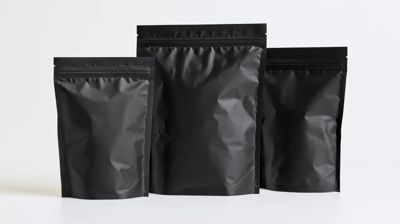 Three matte black foil stand-up pouches arranged in ascending size on a white surface