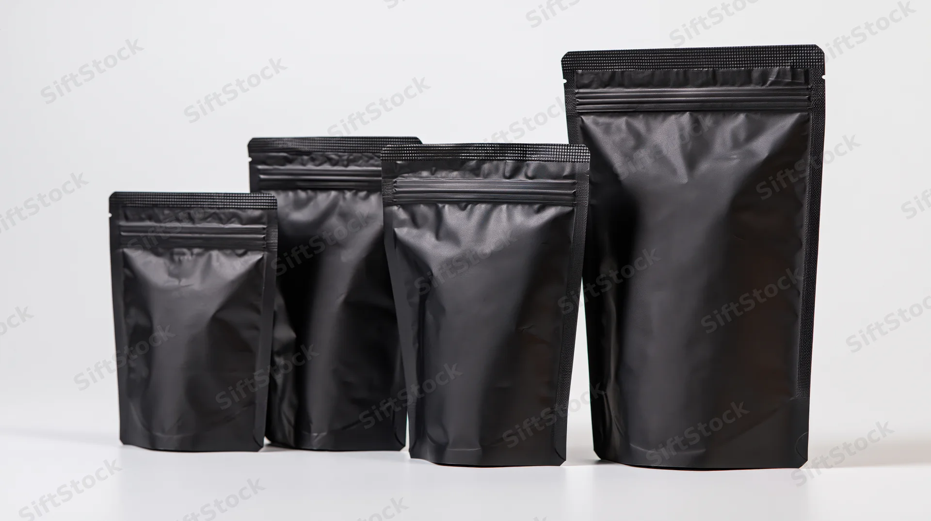 Four matte black foil stand-up coffee pouches arranged in ascending size on a white surface