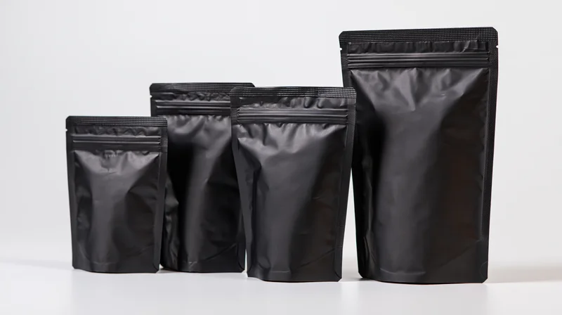 Four matte black foil stand-up coffee pouches arranged in ascending size on a white surface
