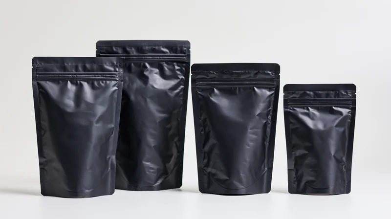 Four matte black foil stand-up coffee pouches arranged in ascending size on white background