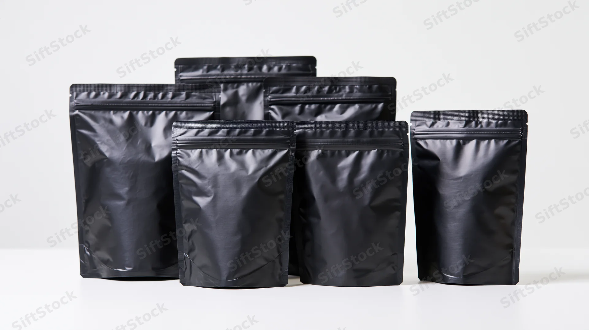Matte black foil stand-up coffee pouches arranged in ascending size on white surface