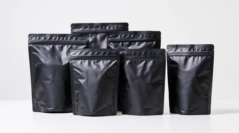 Matte black foil stand-up coffee pouches arranged in ascending size on white surface