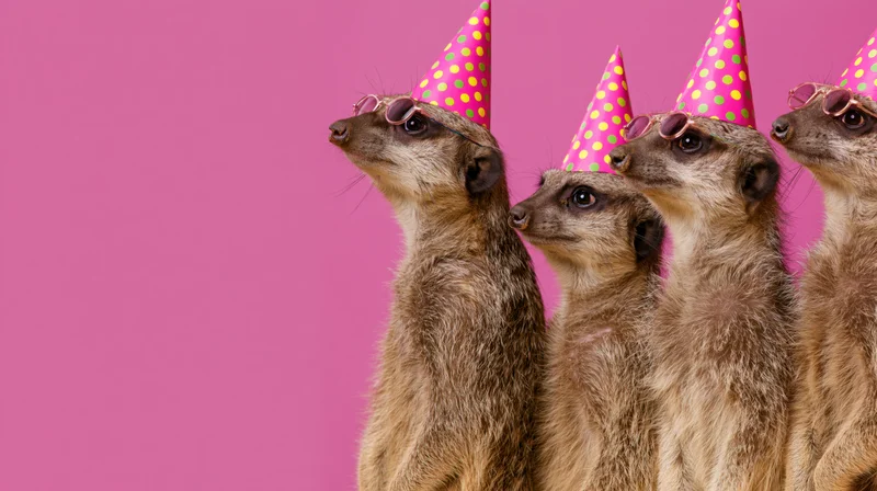 Four meerkats standing upright wearing party hats and sunglasses against a pink background