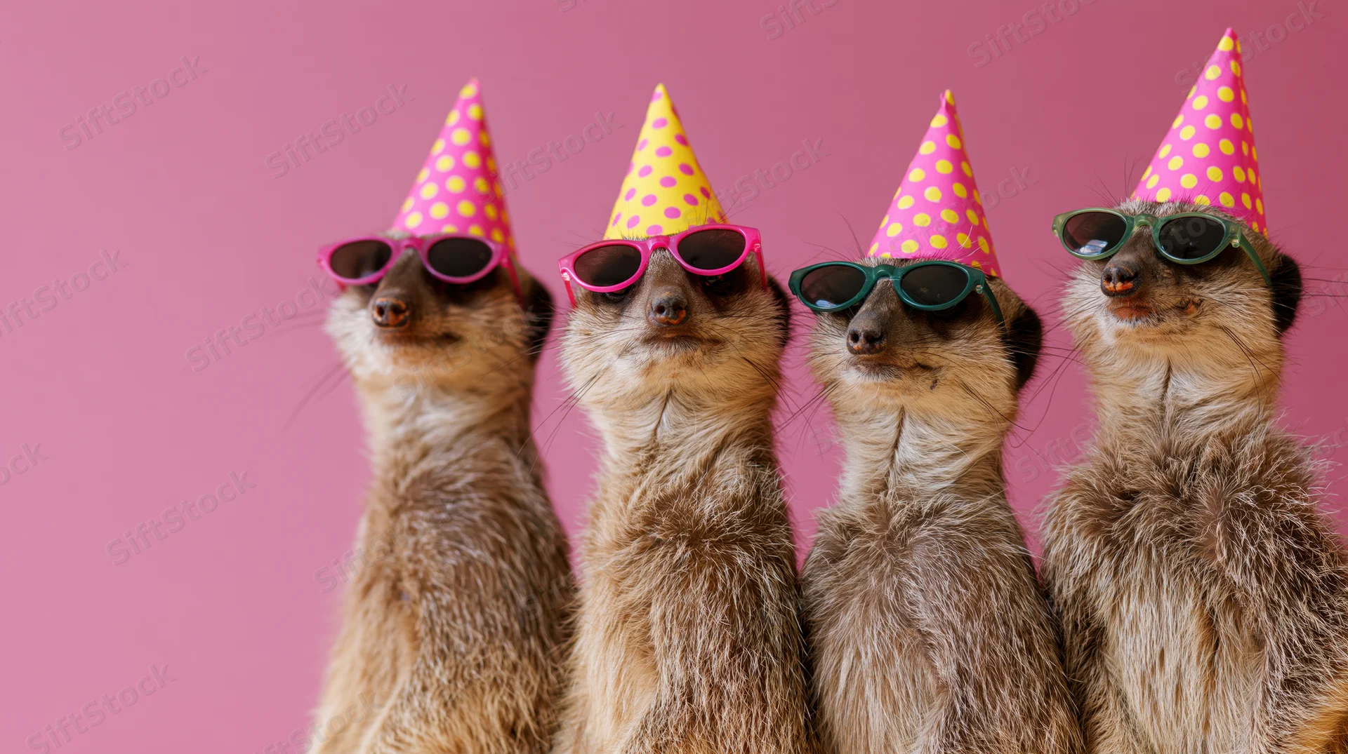 Four meerkats standing upright wearing colorful polka-dot party hats and sunglasses against a pink background