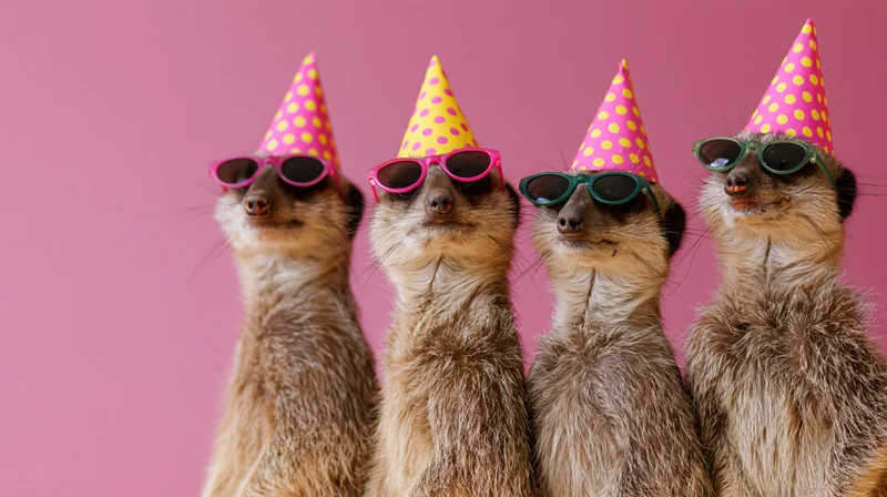 Four meerkats standing upright wearing colorful polka-dot party hats and sunglasses against a pink background