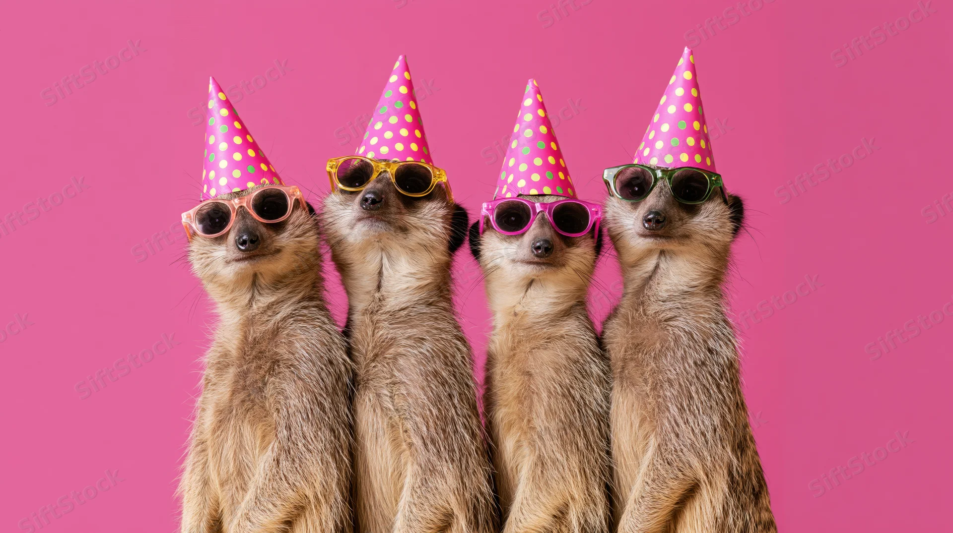 Four meerkats standing upright wearing colorful polka-dot party hats and sunglasses against a pink background