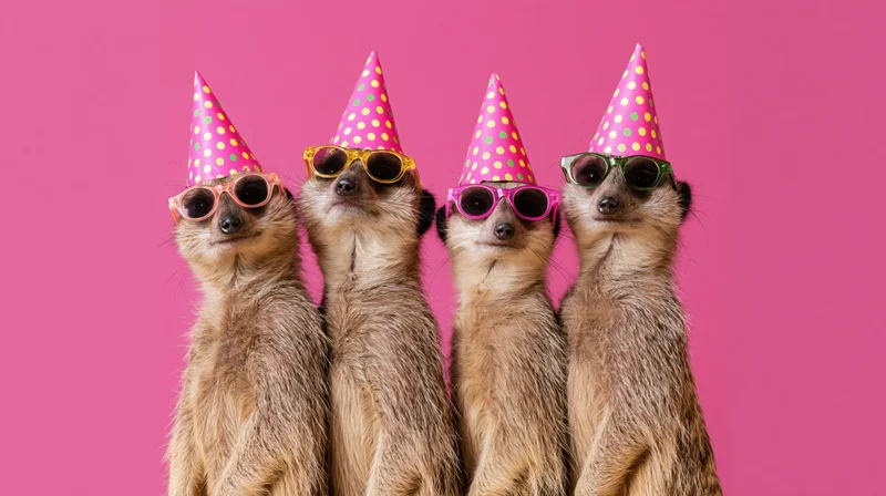 Four meerkats standing upright wearing colorful polka-dot party hats and sunglasses against a pink background