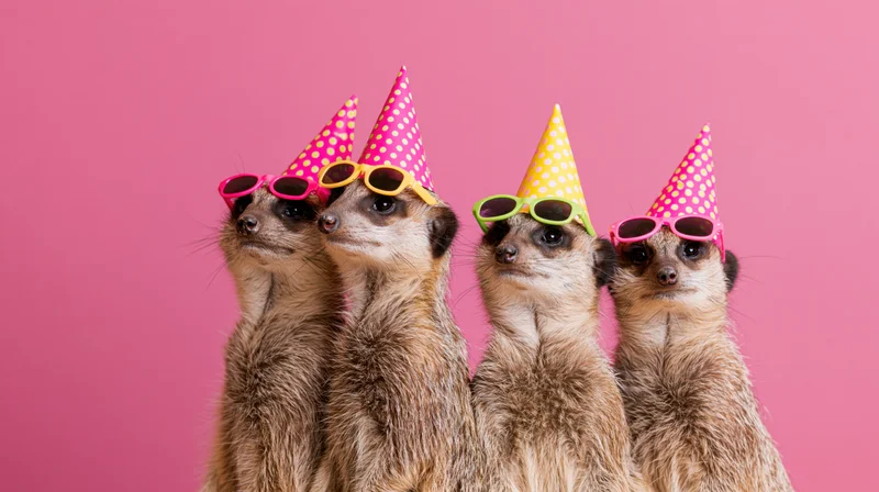 Four meerkats standing upright wearing colorful polka-dot party hats and sunglasses against a pink background
