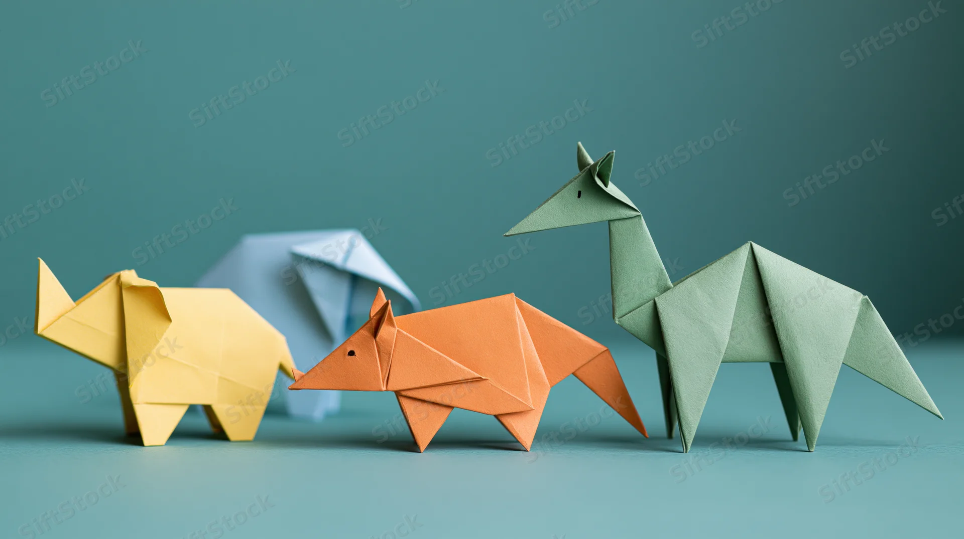 Four origami animals arranged in a row on a flat surface