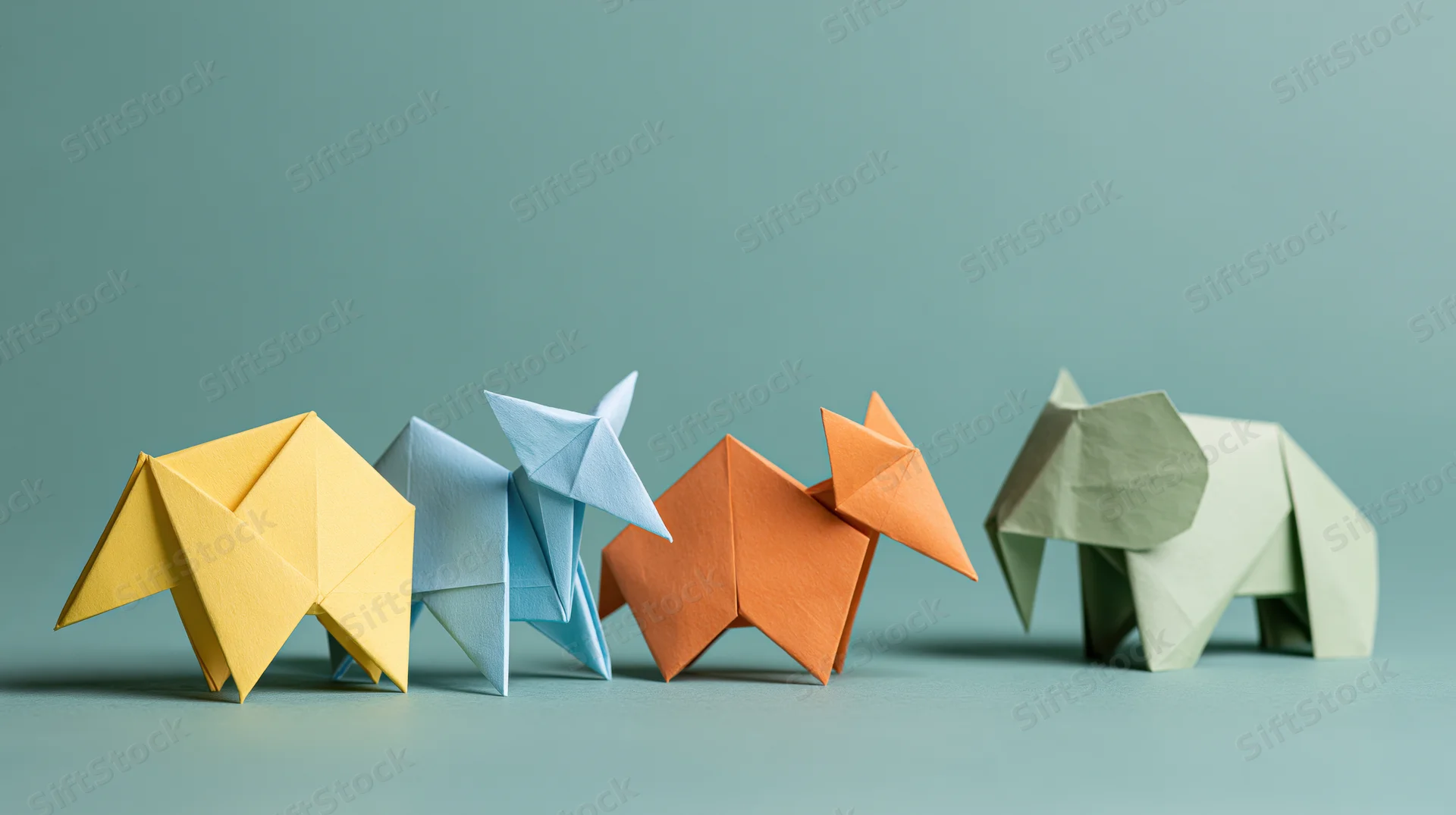 Four origami animal figures arranged in a row on a flat surface