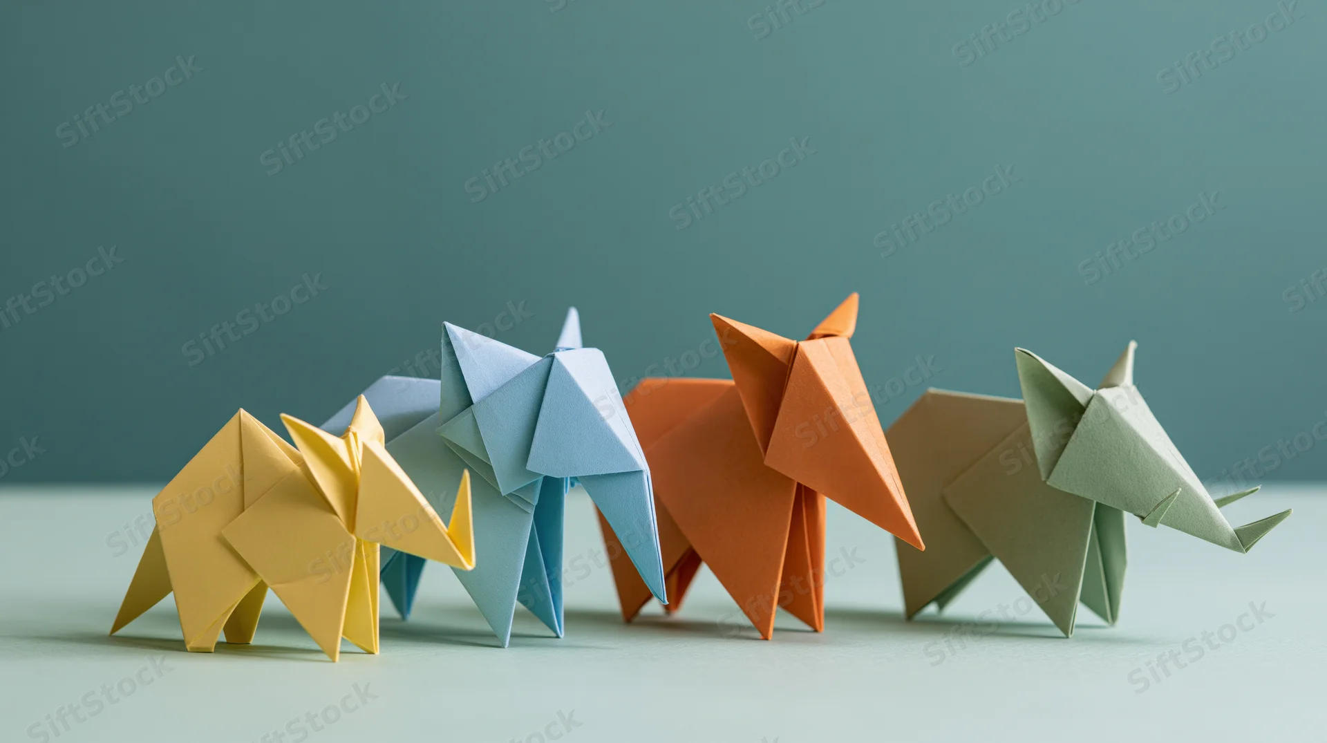 Four origami rhinoceros figures arranged in a row on a flat surface
