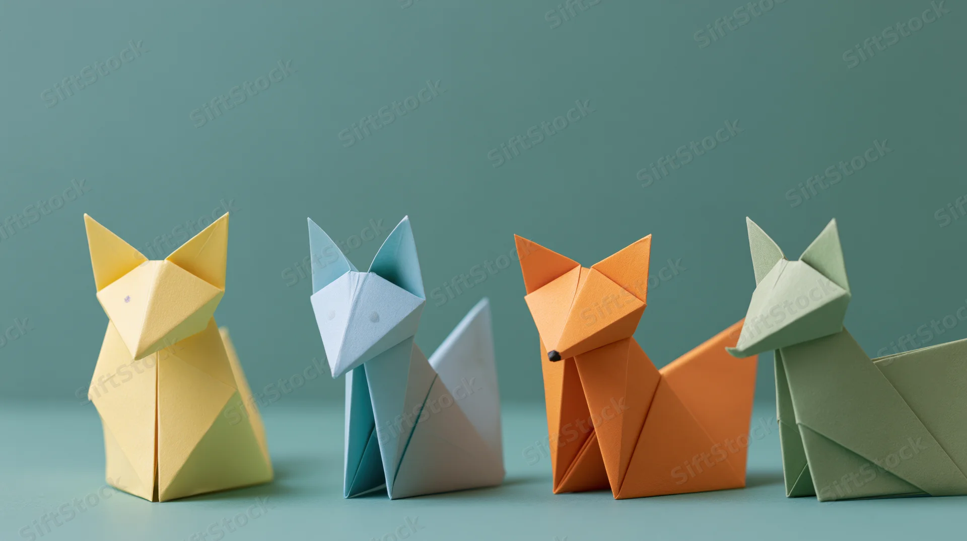 Four origami foxes arranged in a row on a flat surface