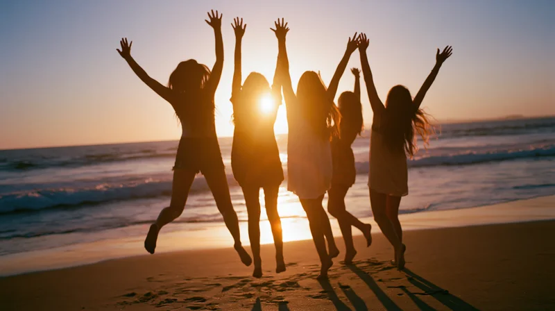 Silhouettes of young women jumping on a beach at sunset