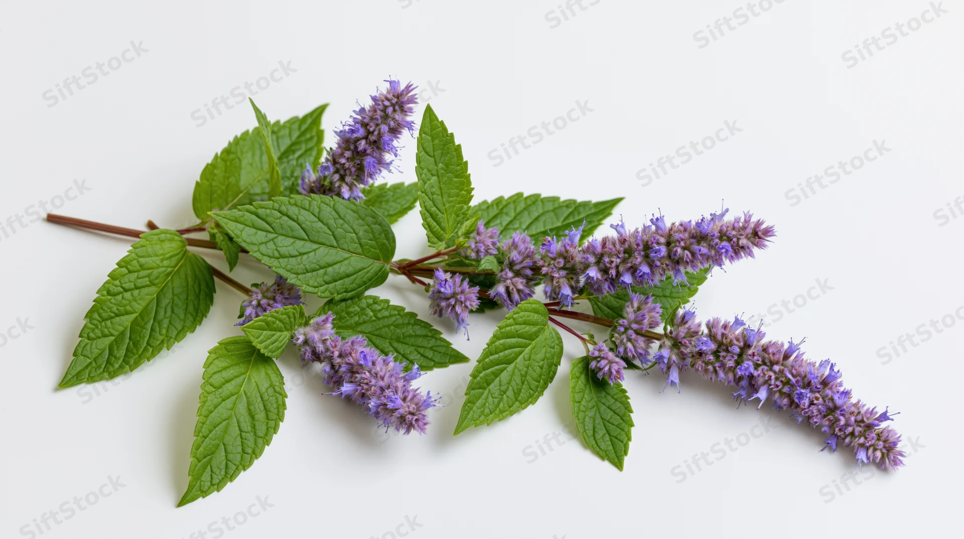 Agastache herb sprig with purple flowers and green leaves on white background