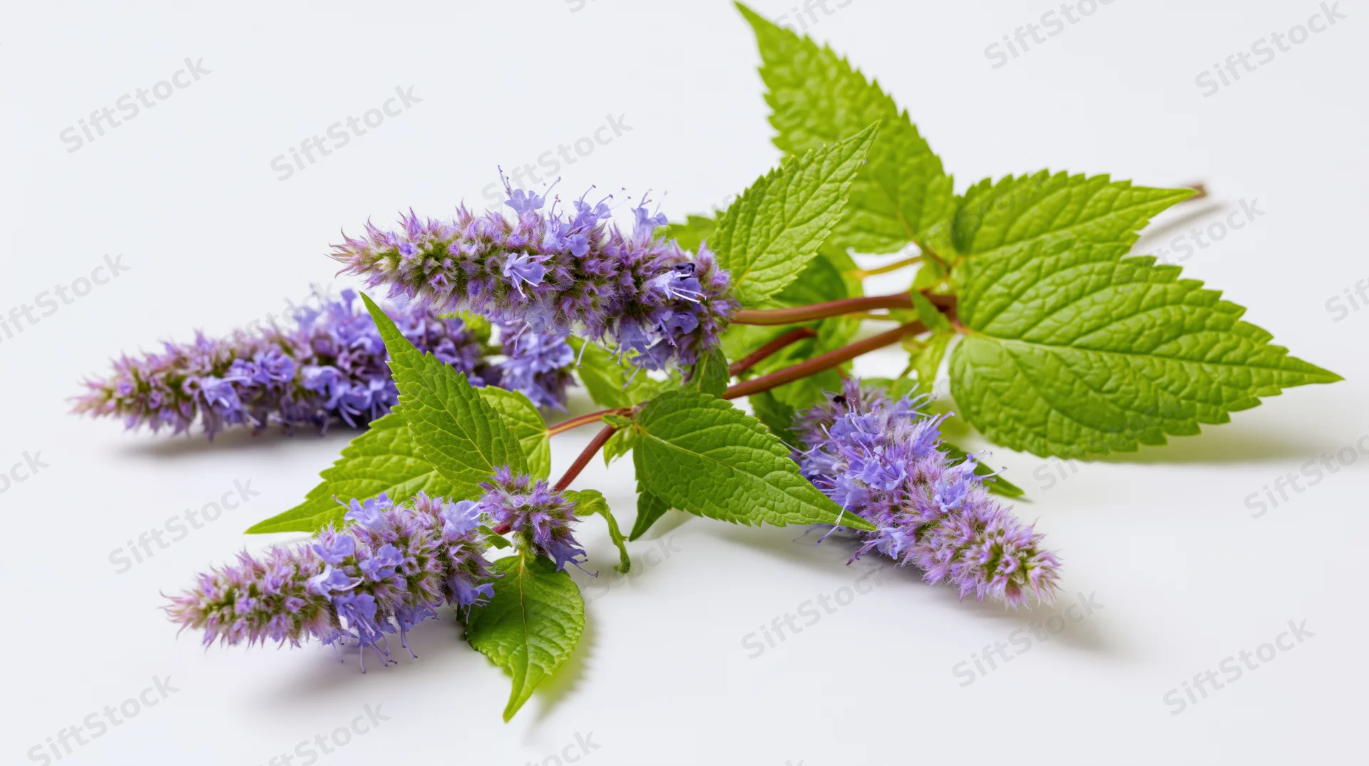 Fresh agastache herb sprig with purple flowers and green leaves on white background