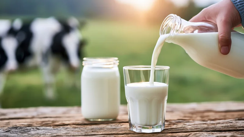 Hand pouring milk from a glass bottle into a glass on a wooden table with a cow in the background