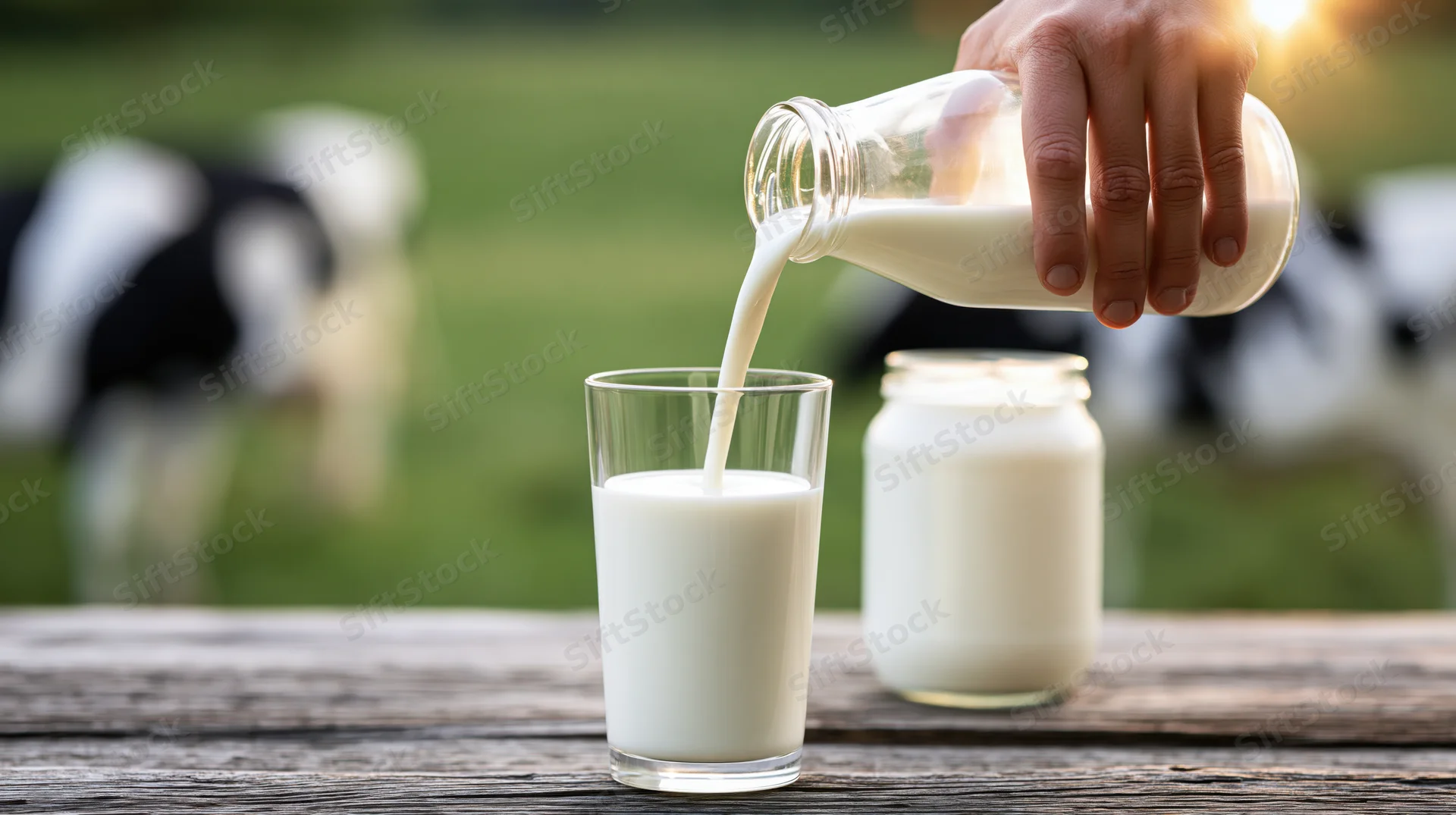 Hand pouring milk from a glass bottle into a glass on a wooden table with cows in a pasture behind
