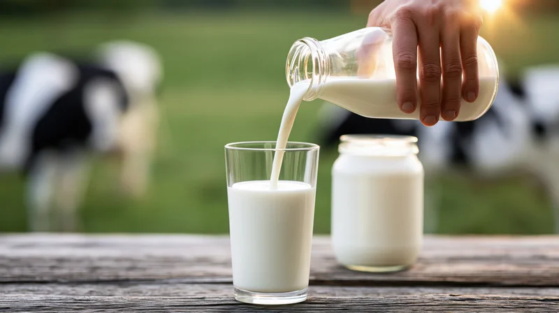 Hand pouring milk from a glass bottle into a glass on a wooden table with cows in a pasture behind
