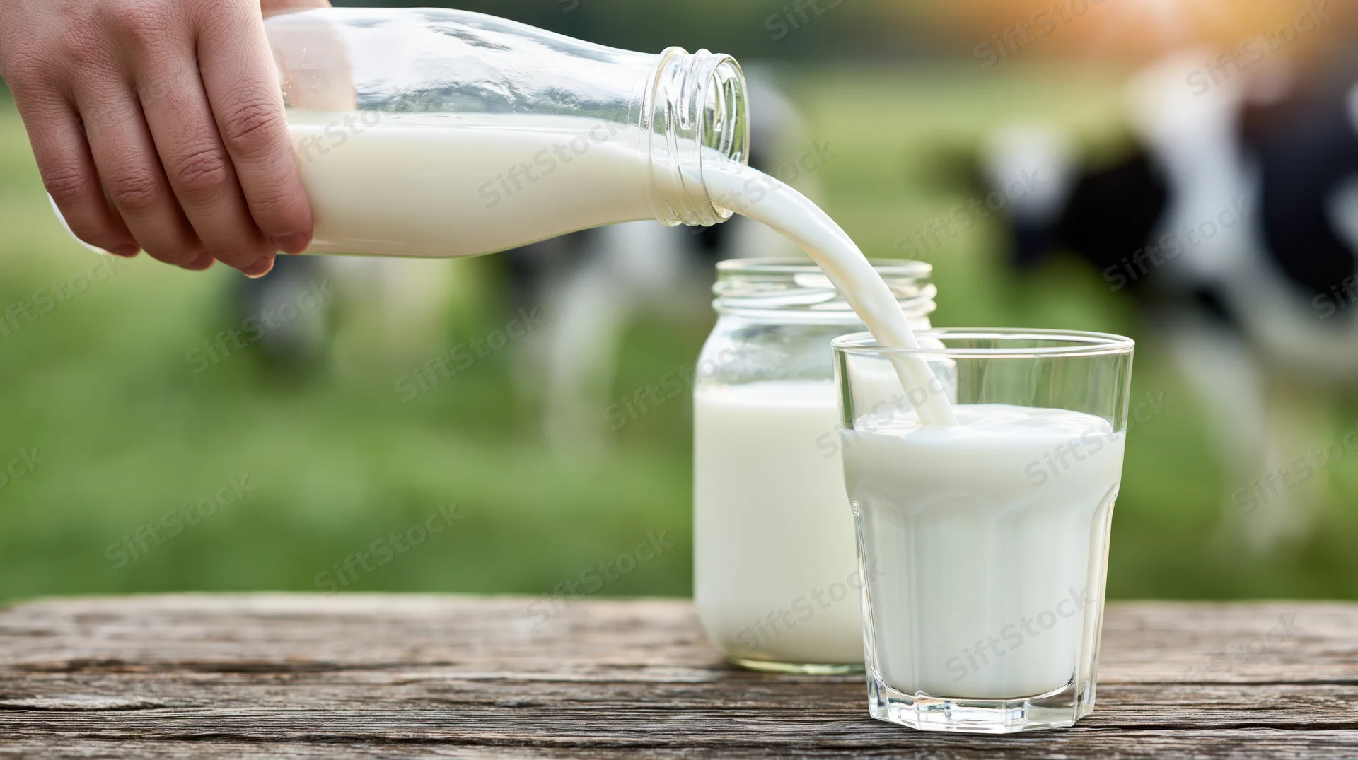 Hand pouring milk from a glass bottle into a clear glass on a wooden table with cows in the background