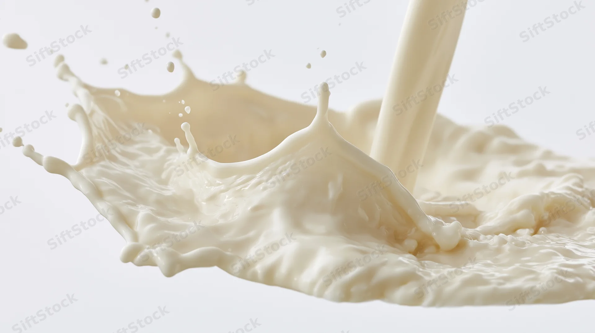 Milk pouring and splashing mid-motion against white background