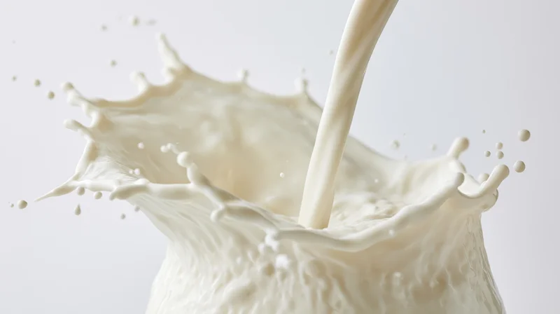 Milk pouring and splashing mid-motion against white background