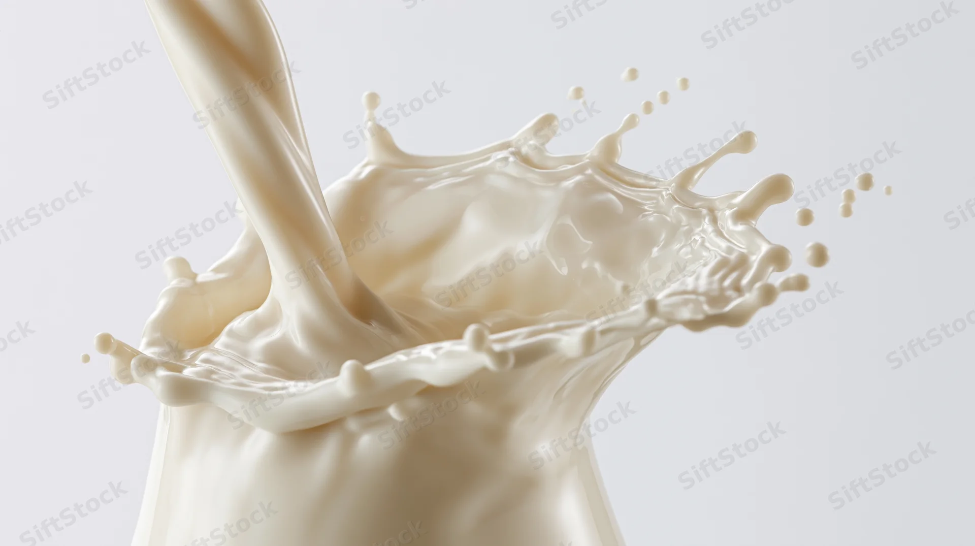 Milk pouring and splashing mid-motion against a white background