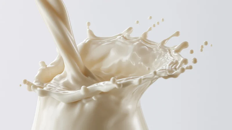 Milk pouring and splashing mid-motion against a white background